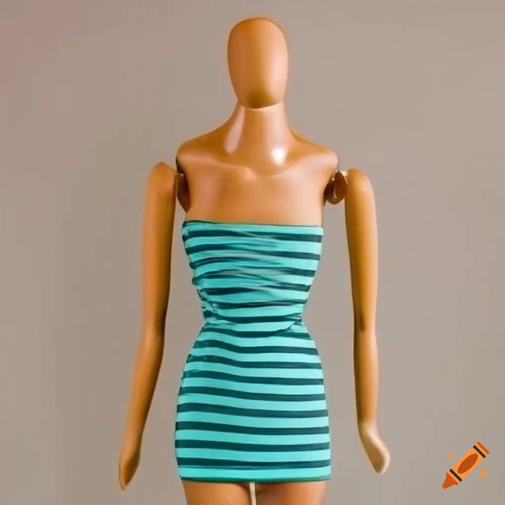 Mannequin in a teal stripe dress in close-up view