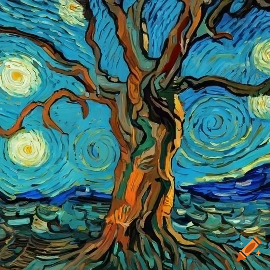 Gnarled dead tree painting in the style of Van Gogh