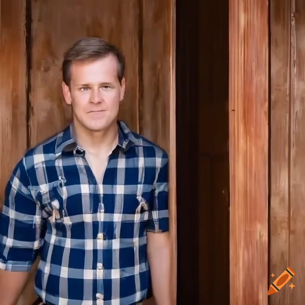 English couple in country plaid shirt and black leather trousers peeping through barn door
