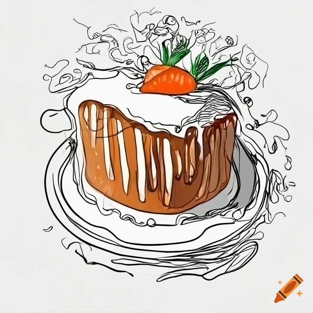 Detailed continuous line art of a pound cake with icing and carrot