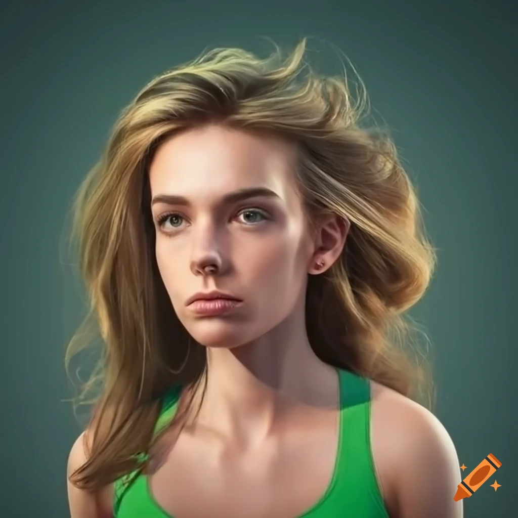 Athletic young woman with hazel wavy hair in a green and white baseball tee