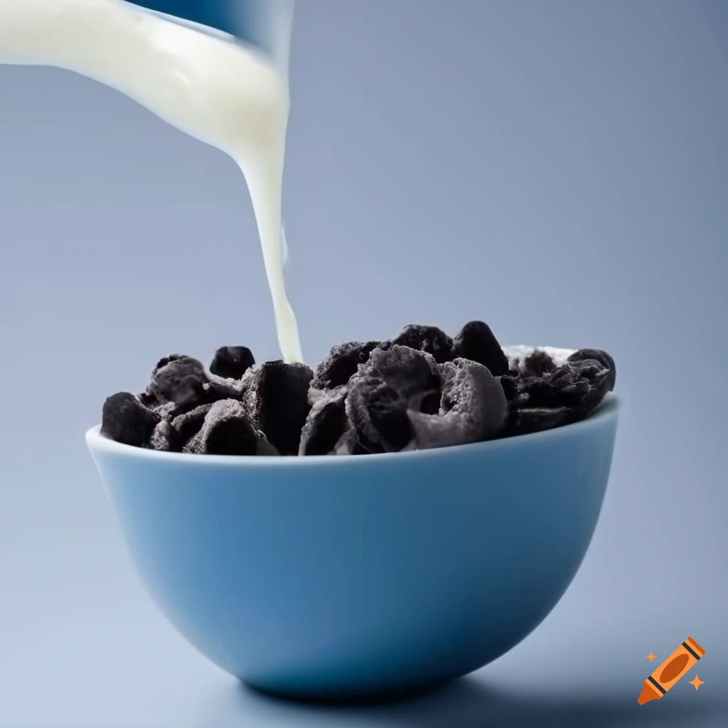 White milk pouring into a blue bowl with black rectangular cereal