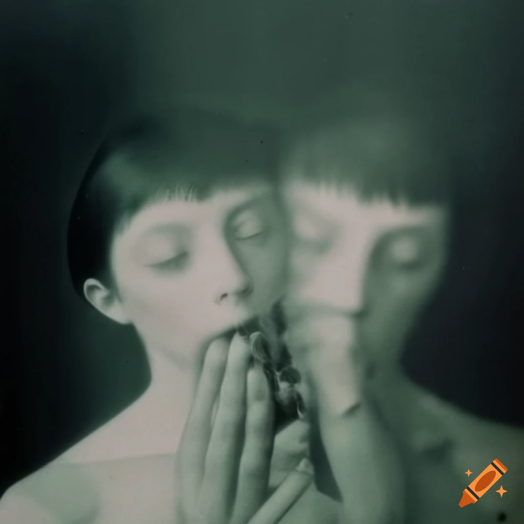 Surreal 35mm film photo with a woman covering her mouth with a ceramic theseus on Craiyon