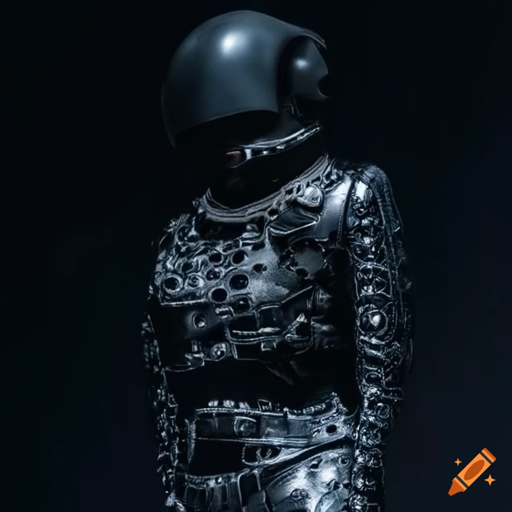Chanel-inspired spacesuit with doom-metal influences in a rational composition