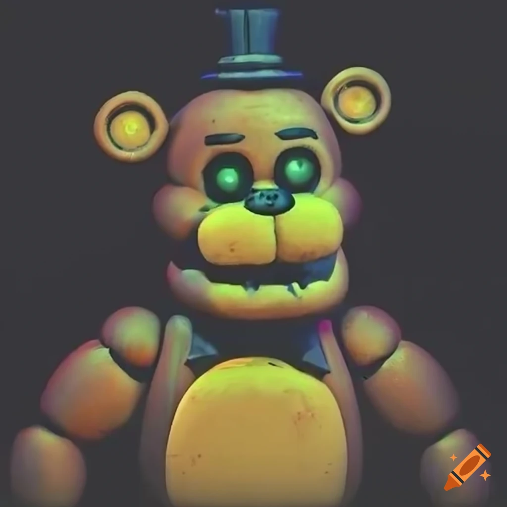 Freddy fazbear animatronic with glowing eyes in a dark, decaying