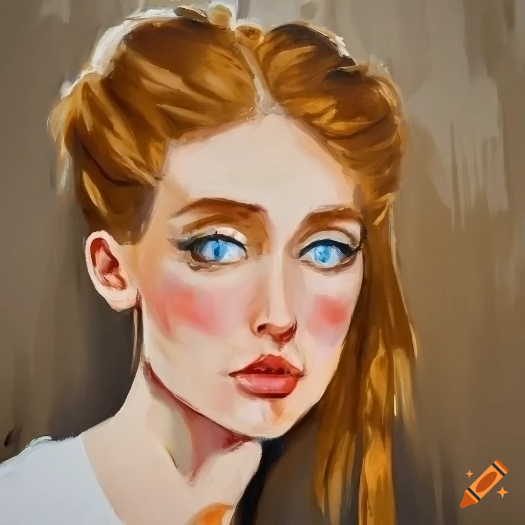 Painting of a woman with caramel hair and blue eyes in a messy bun on