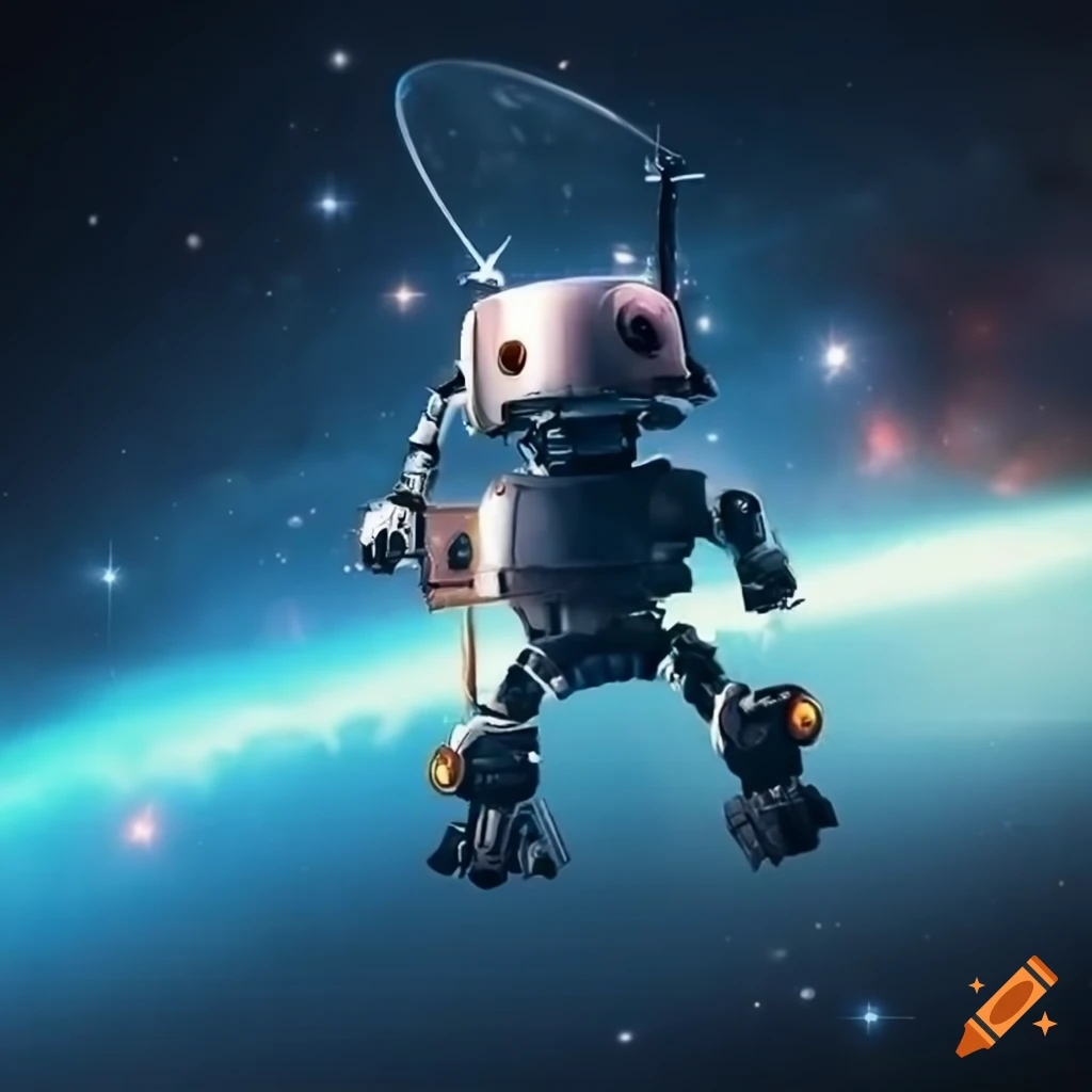 Robot piloting spacecraft in a sci-fi universe with stars and galaxies