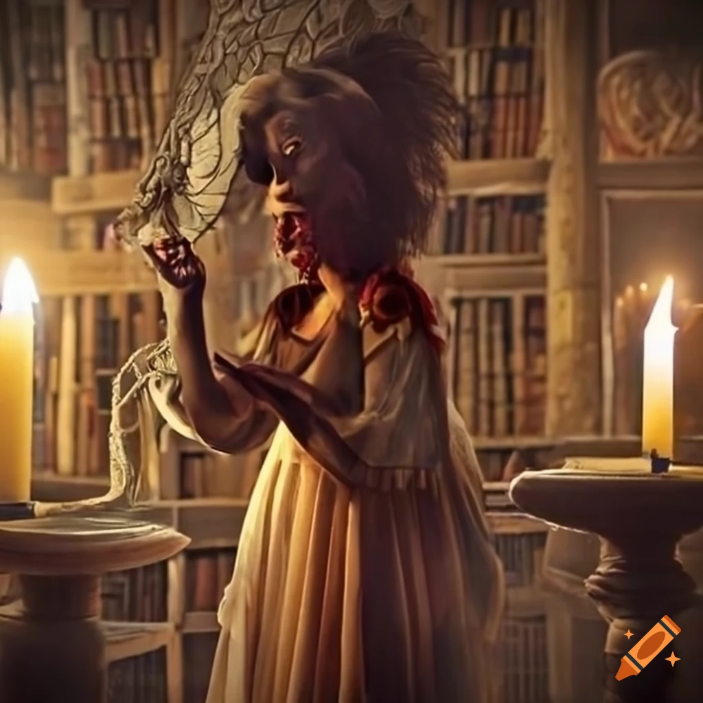 Mythical being in a gown among candles and cobwebs in an ancient library