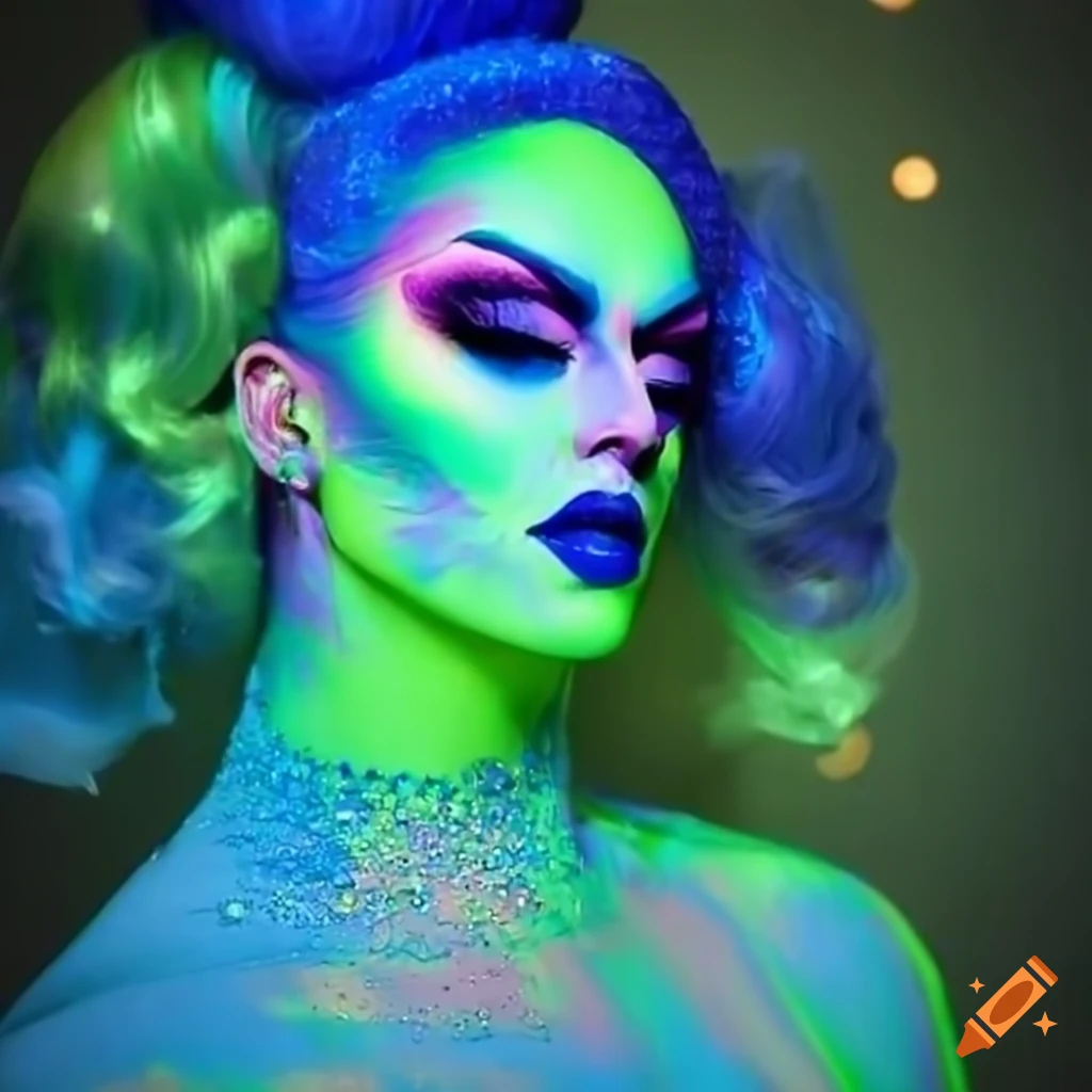 Outfit design for a drag queen with blue, green & yellow fluorescent makeup