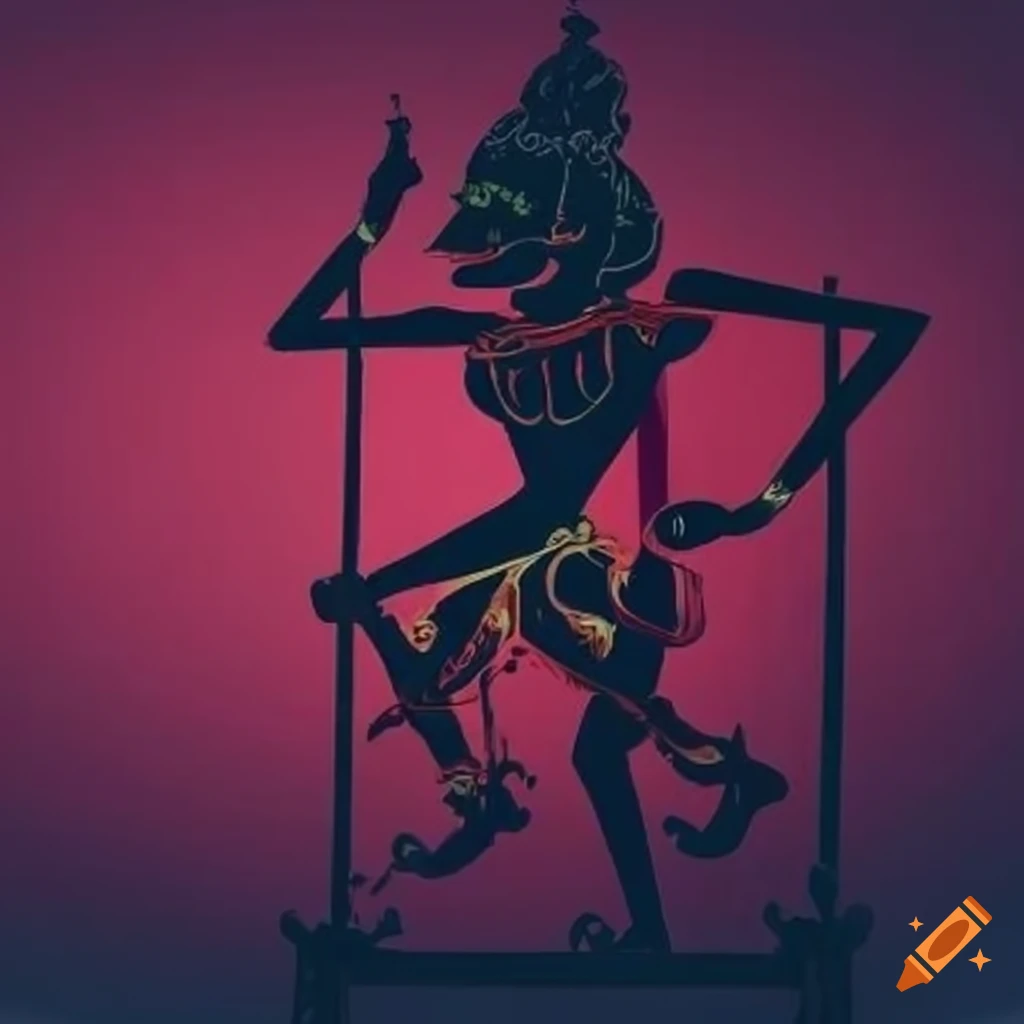 Shadow puppet theater with oriental character set against a blue and crimson background