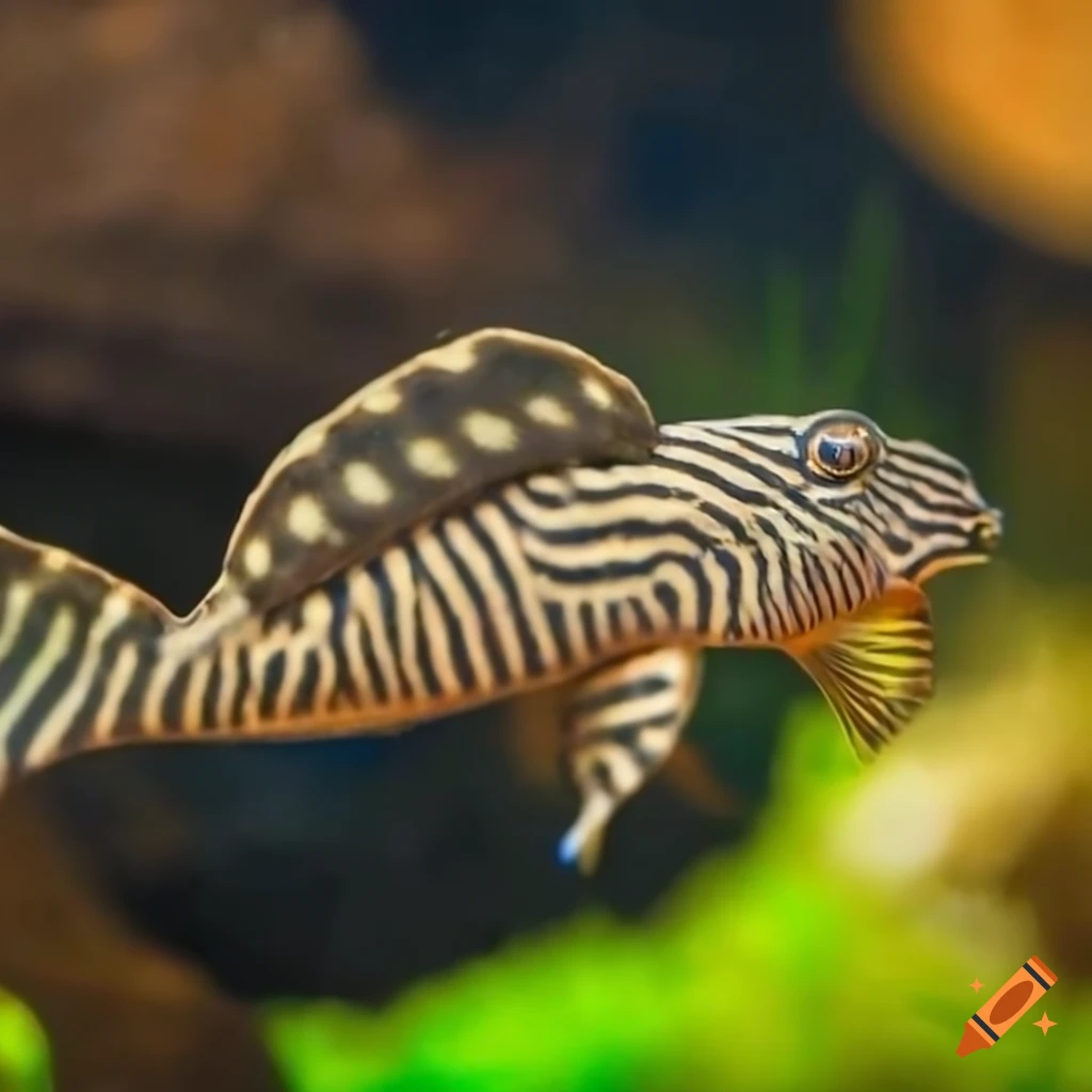Colorful armored plecostomus fish spinning in an aquarium on Craiyon