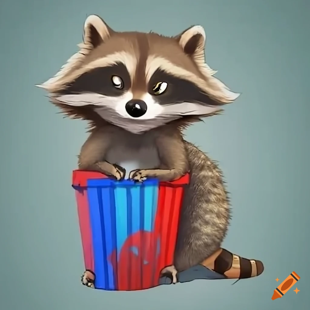 Smiling raccoon climbing out of red and blue trash can