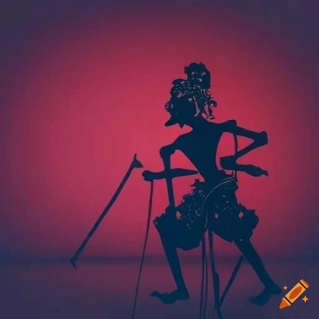 Shadow puppet theater with oriental characters on blue and crimson background