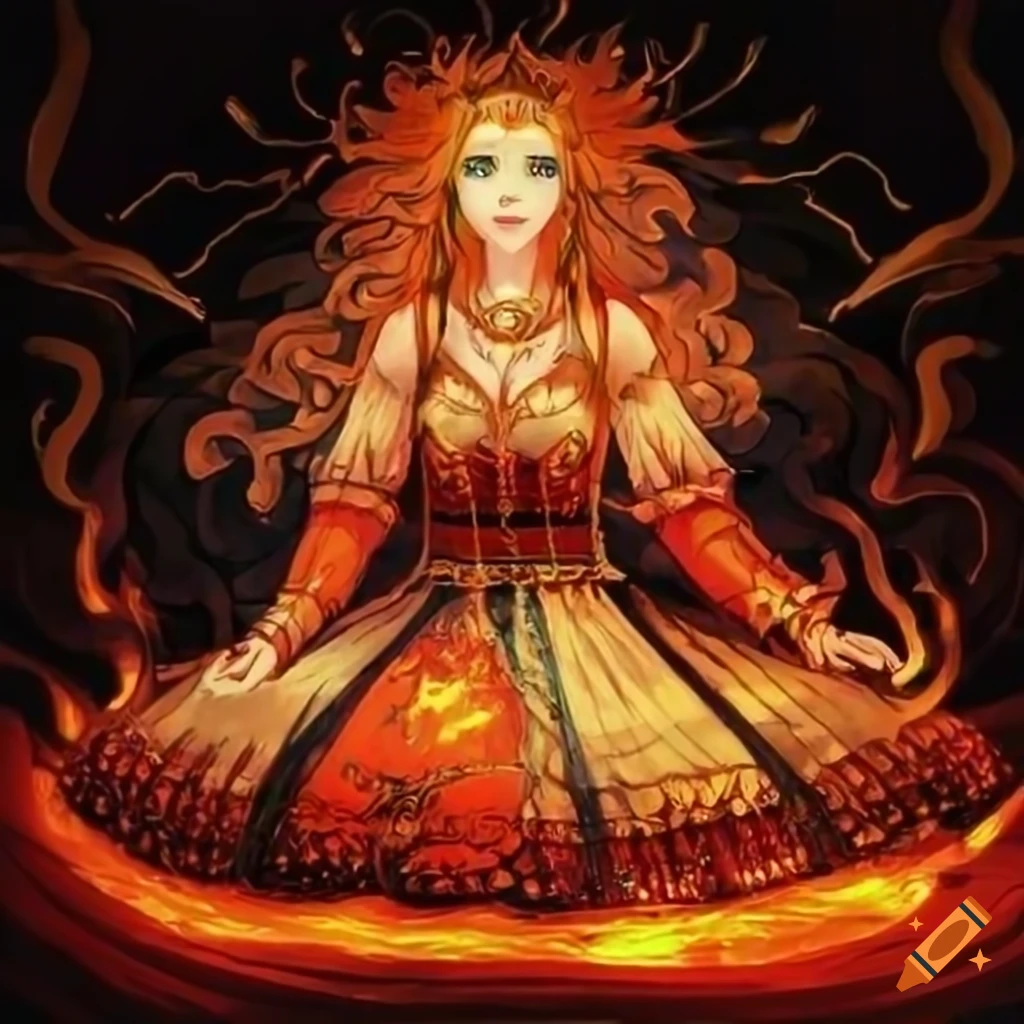 Anime goddess performing Traditional Serbian Kolo dance with fiery sun