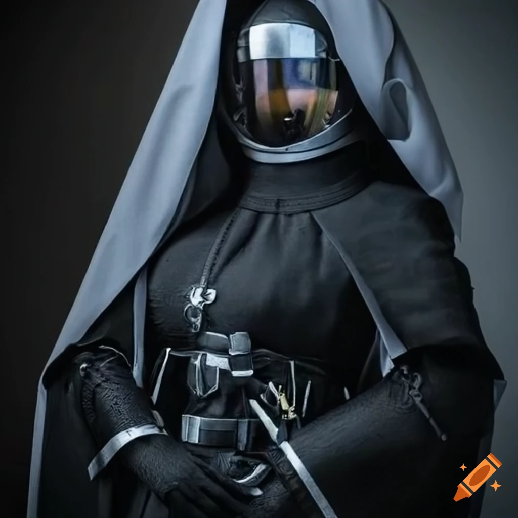 Spider astronaut in a nun habit and futuristic Victorian-era black spacesuit fused with chitinous knights armor