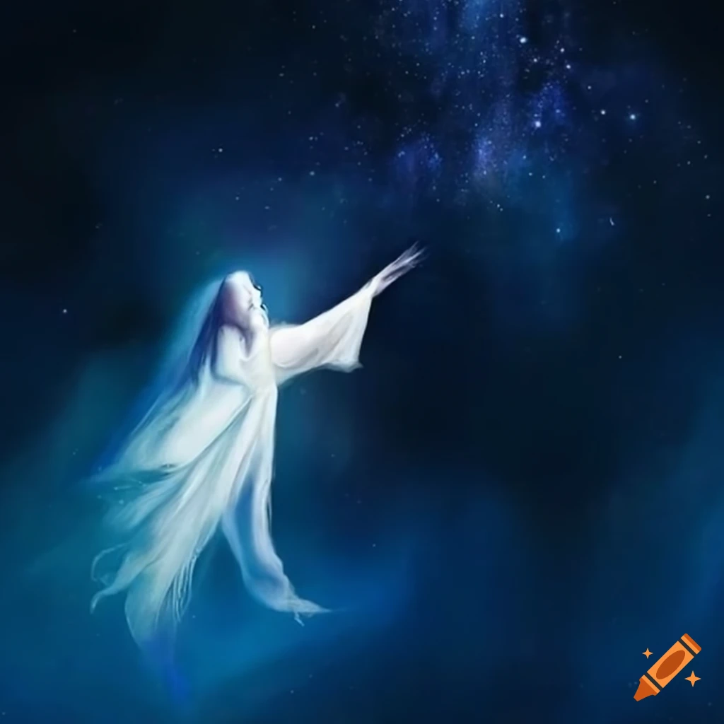 White cloaked figure falling into a starry night sky in an enchanting ...