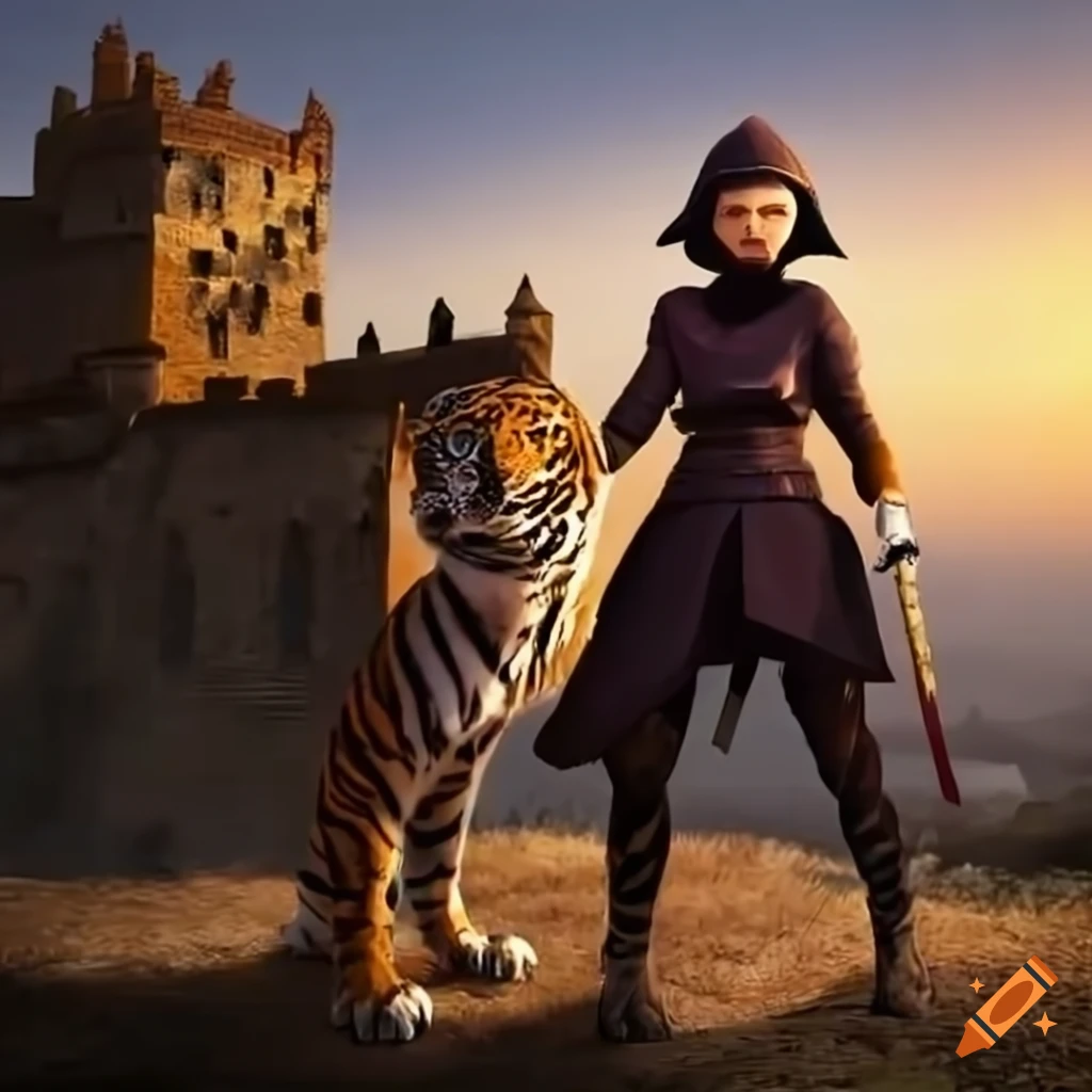 Ninja with tiger spirit animal in front of ancient castle