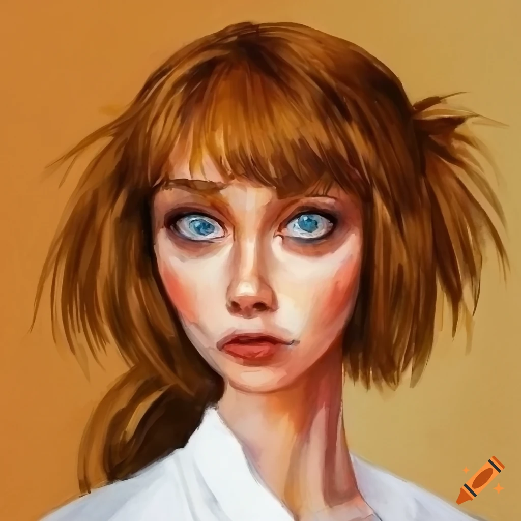 Painting of a woman with caramel hair and blue eyes in a messy bun on