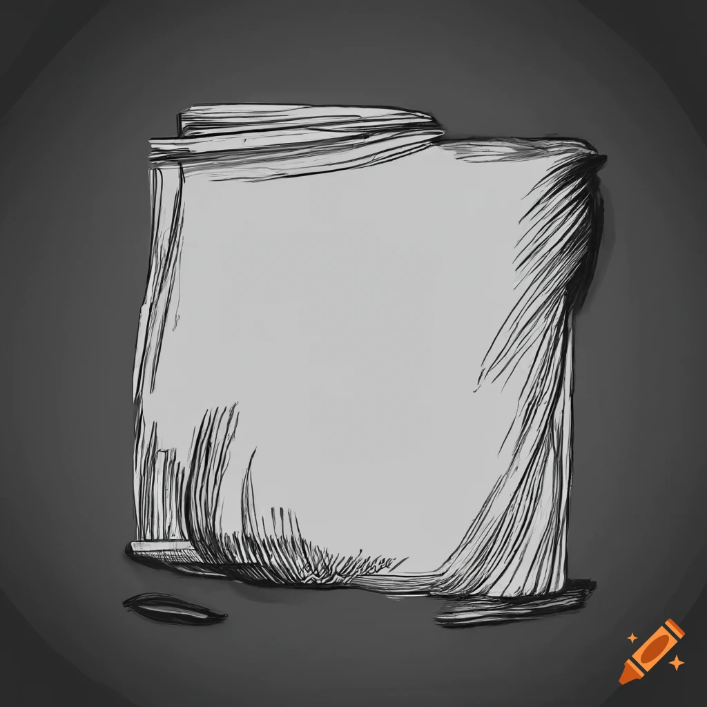 Black and white pencil drawing of a square paper on grey background
