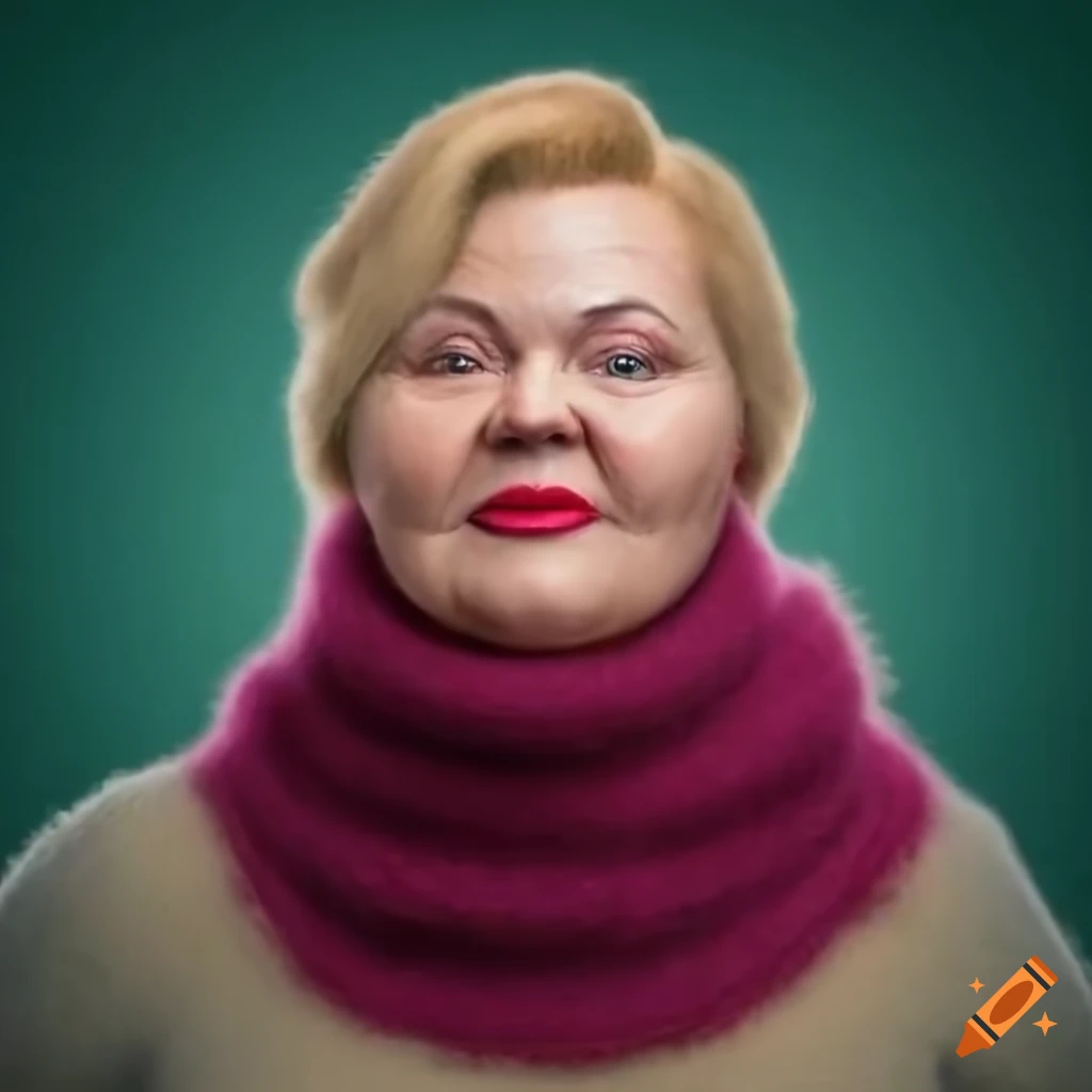 Chubby mature woman in a mohair turtleneck scarf on Craiyon
