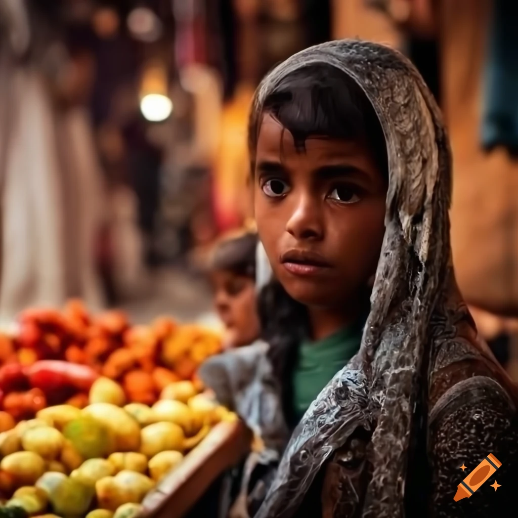 Farmers' market with fruits, nuts, and pastries on cobblestone street, featuring Arabic vendors