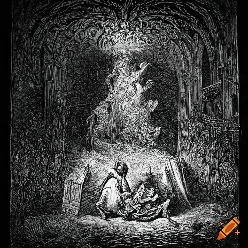 Surreal black and white art of a person reading near a campfire with architectural elements