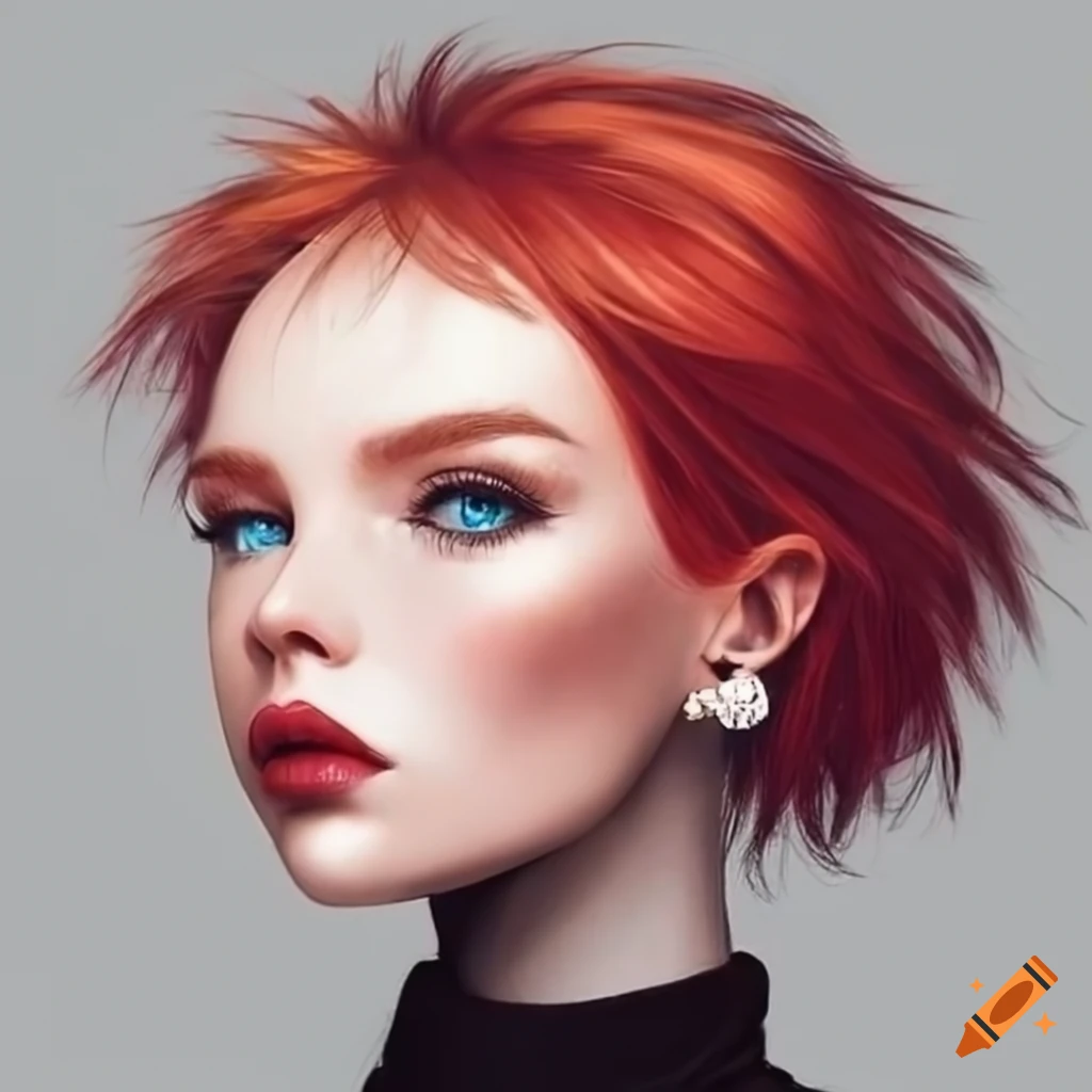Portrait of a white woman with short wavy red hair and blue eyes on Craiyon