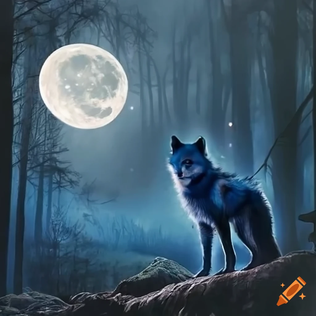 Blue wolf in a forest at night with a full moon on Craiyon