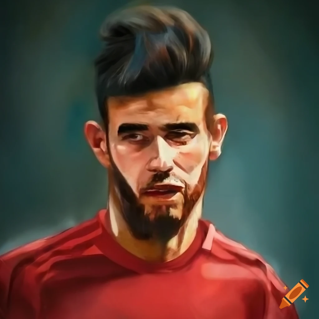 Spanish male soccer player with dark hair and beard in red and black