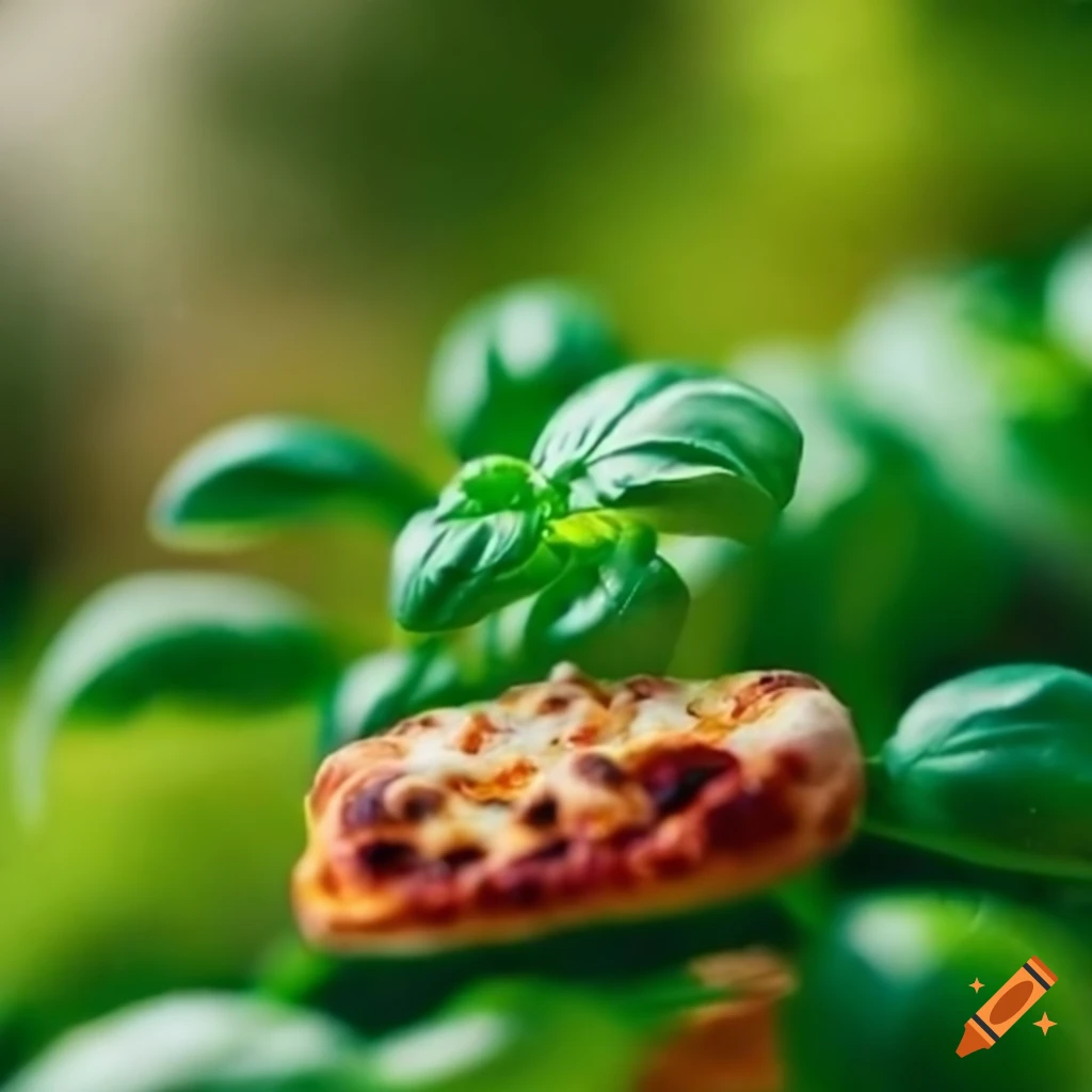 Mini pizzas growing among basil leaves in a greenhouse