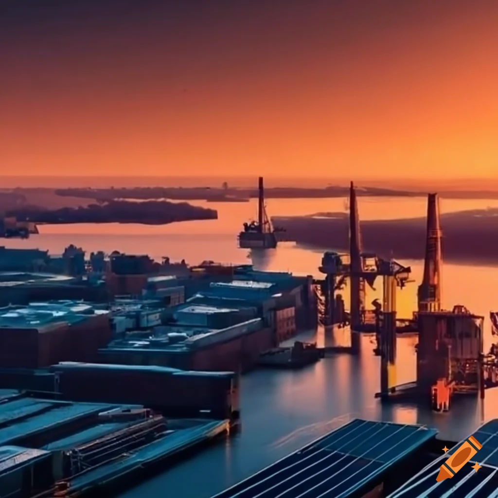 Busy industrial harbor scene with photovoltaic panels on warehouse roofs
