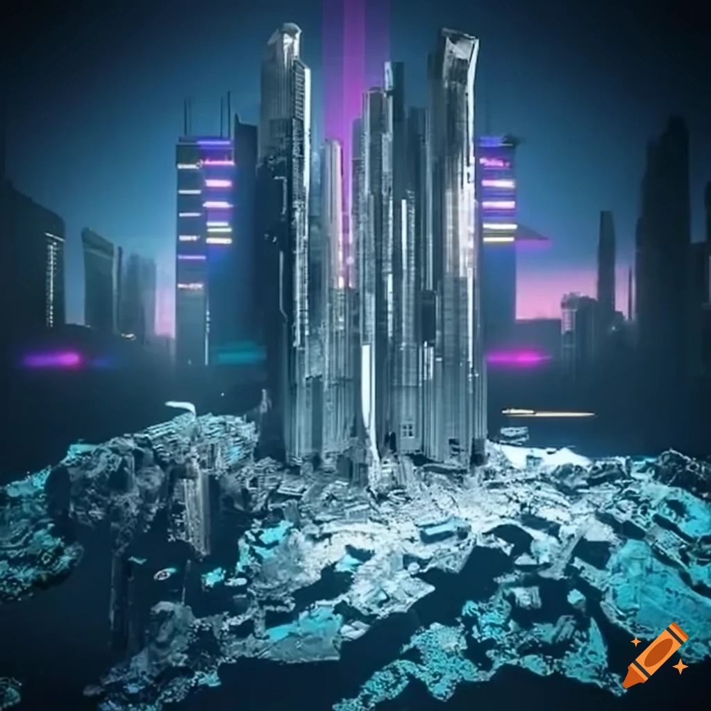 Tungsten Parthenon surrounded by cyberpunk skyscrapers on an asteroid