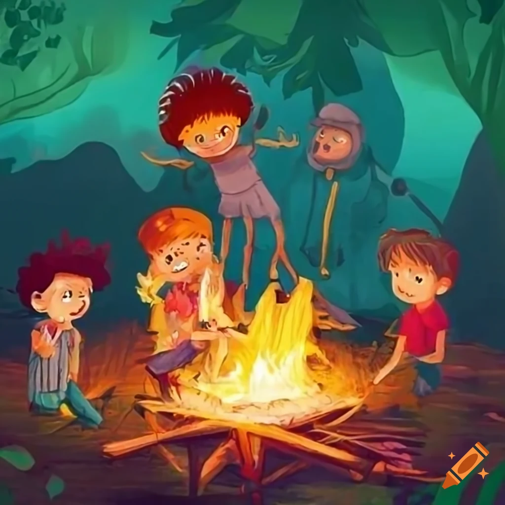 Village children listening to a tale around a campfire