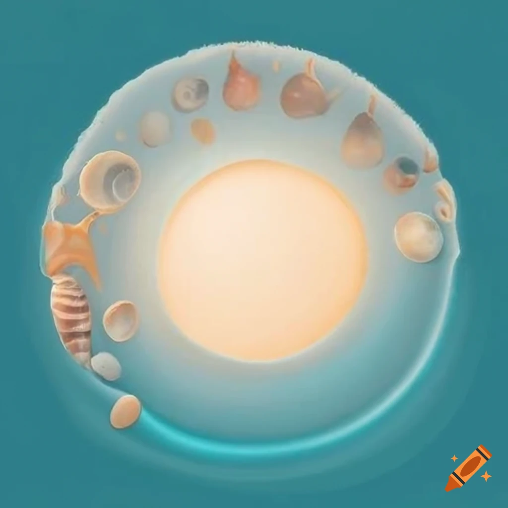 Circular backlit painting with sea-colored background and shells and sand perimeter