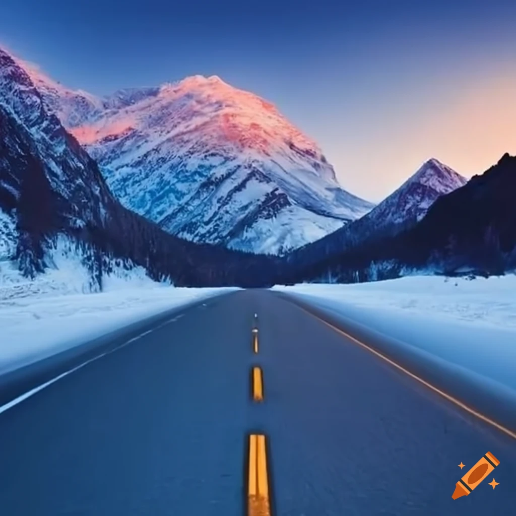Mountain road with snowcaps in the distance