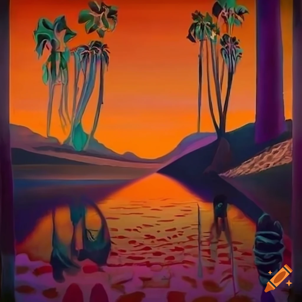 Surreal desert oasis at twilight with vibrant purples and oranges reflecting in the waters