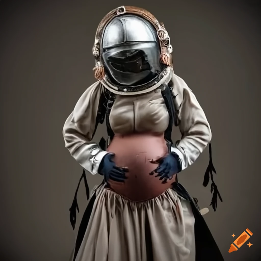 Victorian-era pregnant astronaut in a gothic spacesuit with a runic rust and spike halo