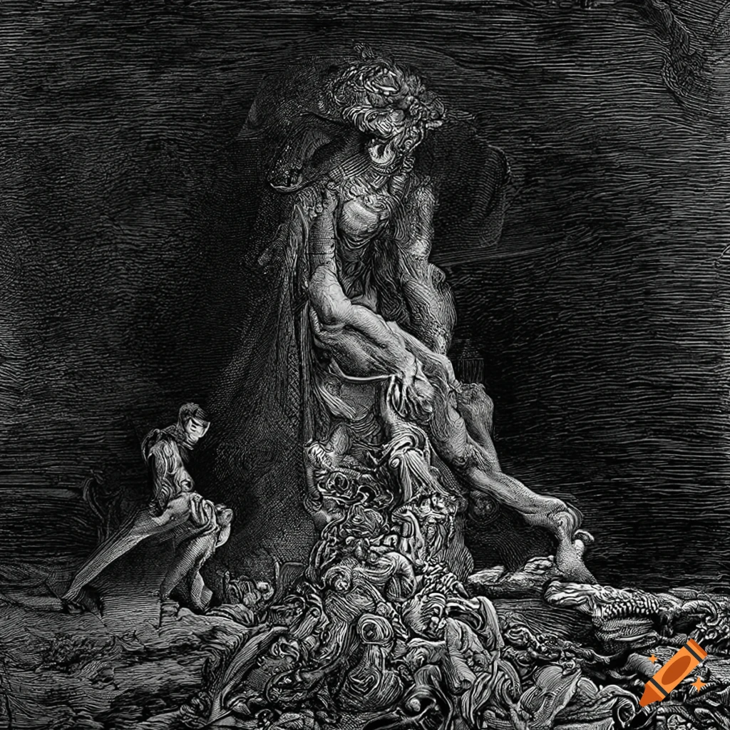 Surreal black and white art inspired by Gustave Dore, featuring a man with long hair surrounded by floating giant swords