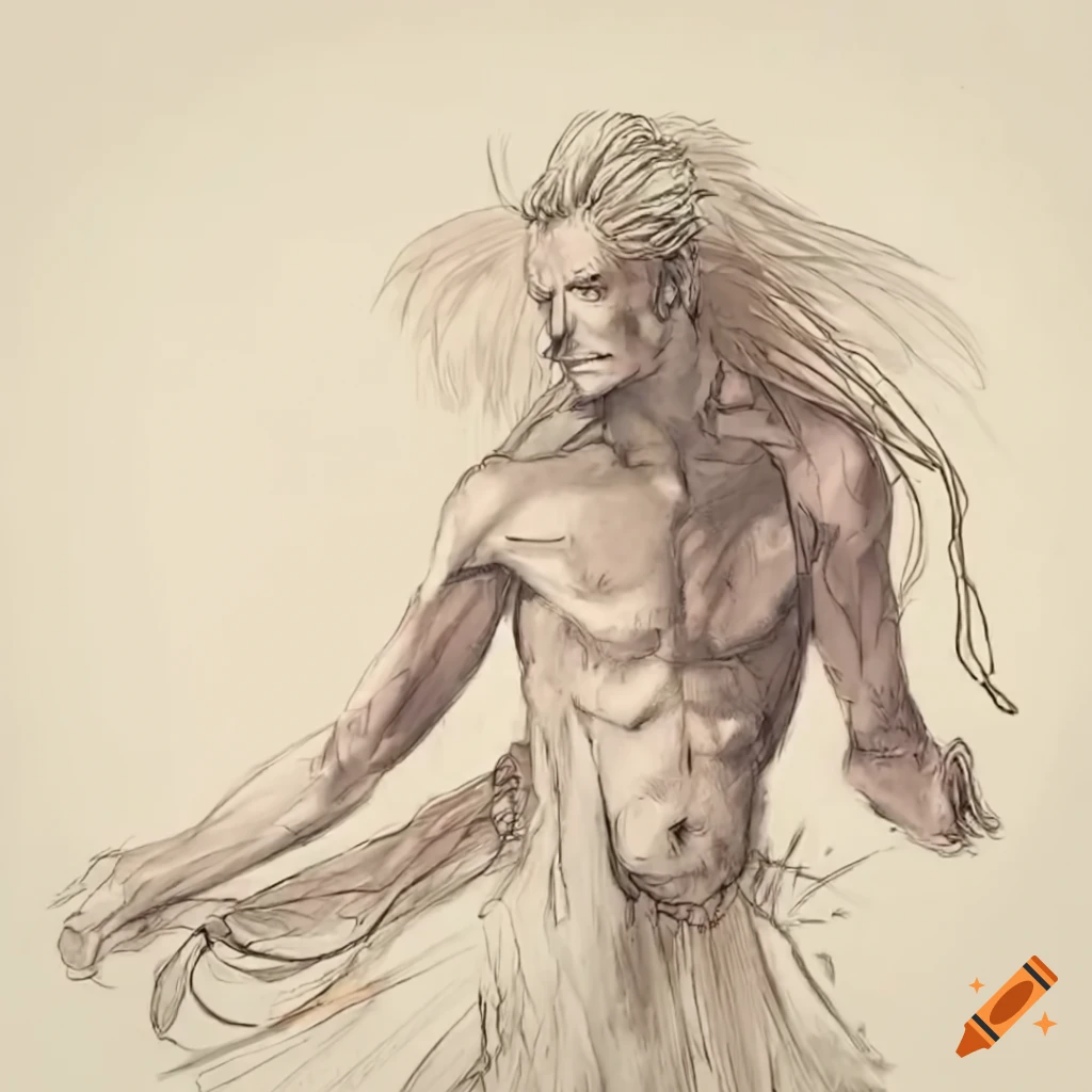Man with long white hair flying surrounded by giant words and chains in a grey desert landscape