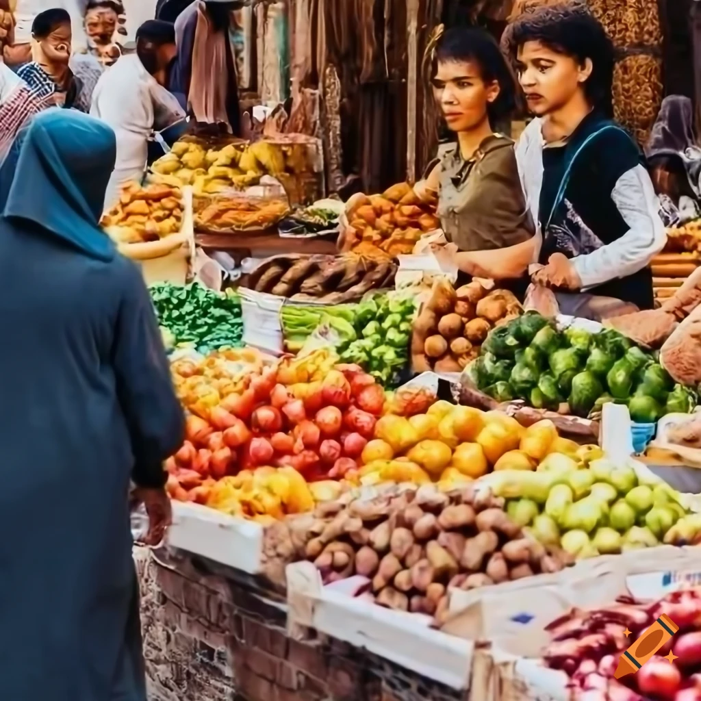 Farmers' market on a cobblestone street with vendor stalls selling fruits, nuts, and pastries, with a diverse crowd