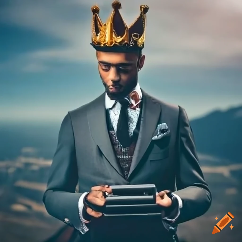 Dapper gentleman with a crown on top of a tall mountain holding a ...