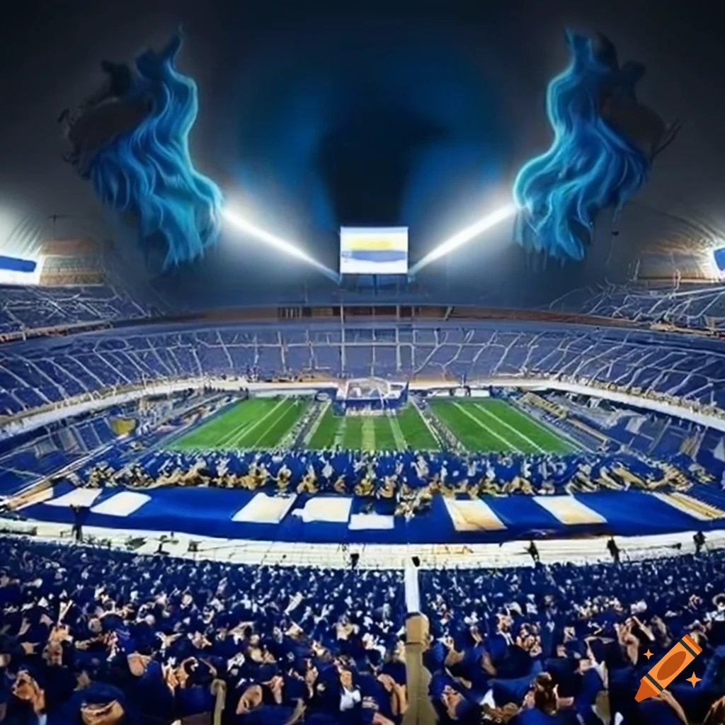 Intense stadium atmosphere with roaring fans in navy blue and white colors