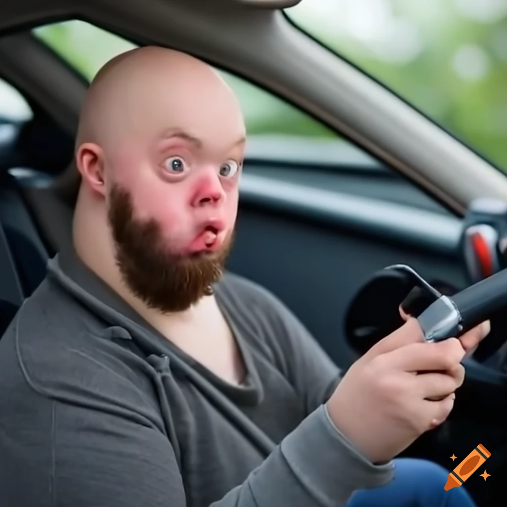 Man with down syndrome in an electric car holding a flail on Craiyon