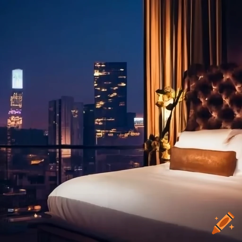 Luxury hotel bedroom in Los Angeles at night
