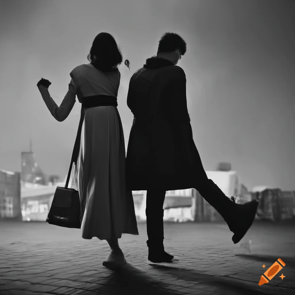 Couple walking hand in hand outdoors to pick up an order at the store in black and white