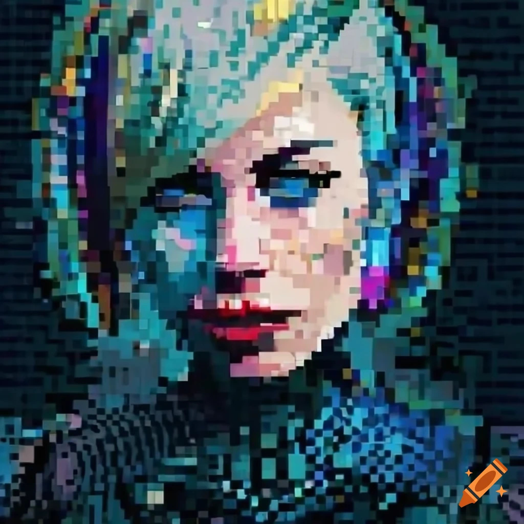 Pixelart mosaic portrait of a Russian android cyborg woman on cyberpunk skyscrapers