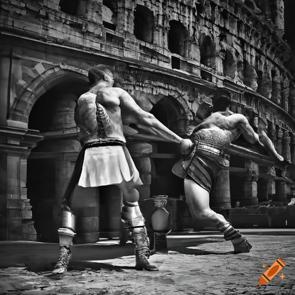 Intense gladiator fight in a futuristic black and white colosseum Intense gladiator fight in a futuristic black and white colosseum