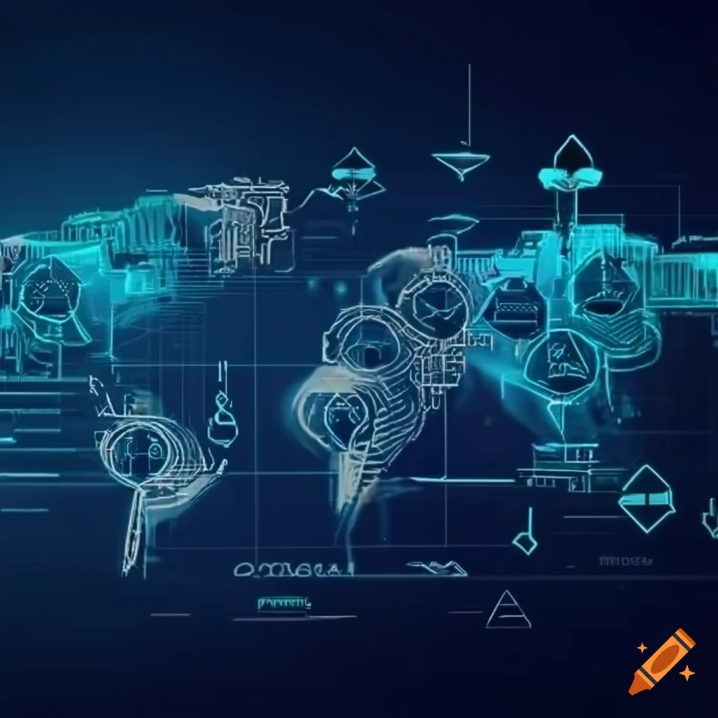 Dynamic supply chain graphic with warehouses, trucks, and data analytics screens