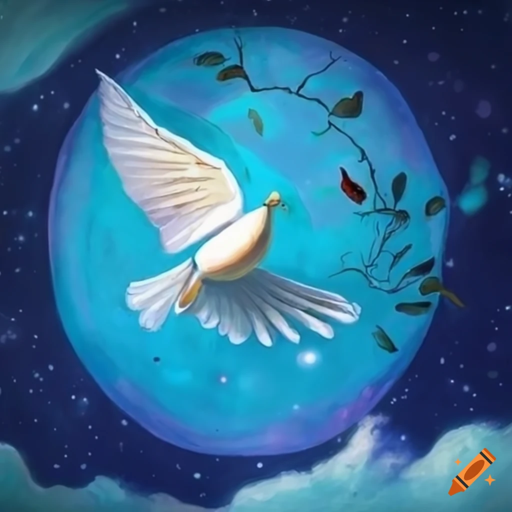 Dove of peace flying around the blue planet in infinite space with a branch, Miyazaki style