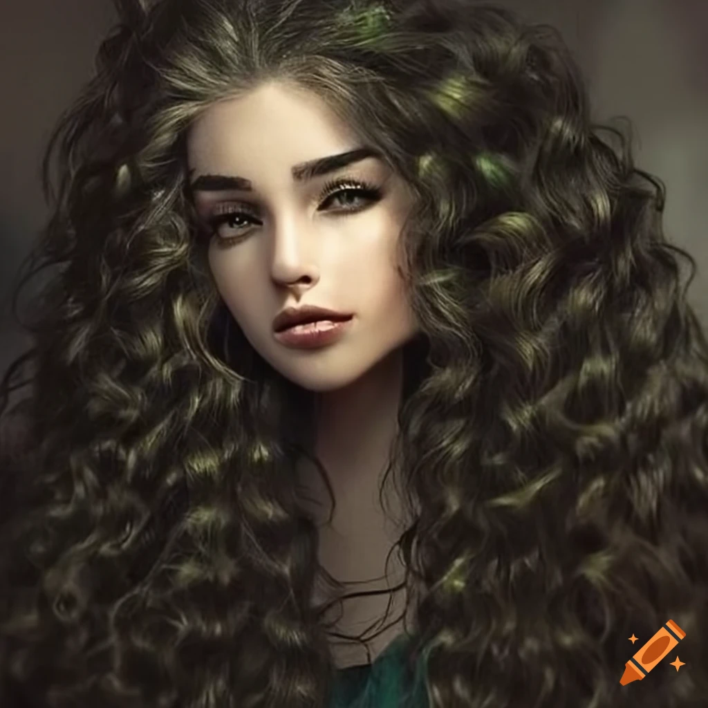 Portrait of a woman with long curly black hair and green eyes on Craiyon